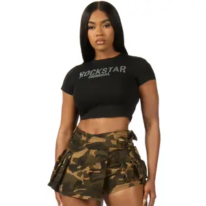 Erikka Black Rhinestone Crop Baby Tee Shirt