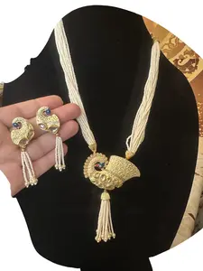 Pearls Mala and Earrings Kundan Peacock Style Pendant with Elegant Tassel Design