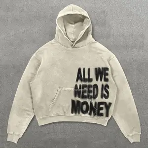 All We Need Is Money Letter Print Long Sleeve Hoodies, Vintage Washed Hoodie for Unisex Hoodie, Stylish Streetwear Sweatshirt, Hip Hop Pullover, Comfortable Cotton Hoodie for Him and Her
