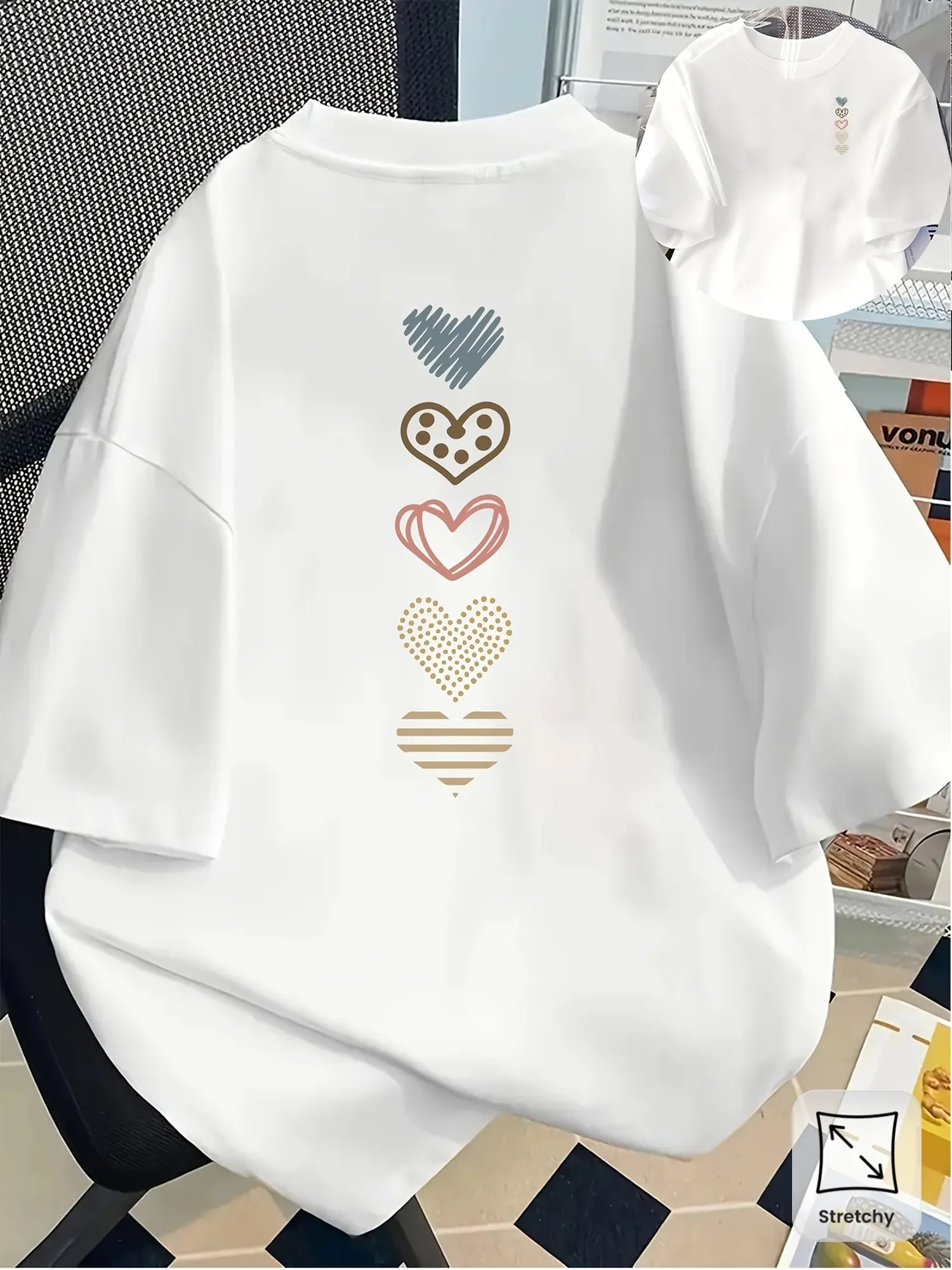 Women'S T-Shirt, Heart Pattern On The Front And Back, Fashionable Short Sleeves With Heart-Shaped Print, Unique Double-Sided Design, Women'S Everyday Wear - Round Neck Casual T-Shirt, Comfortable Fit, Suitable For Casual Outings And Sports
