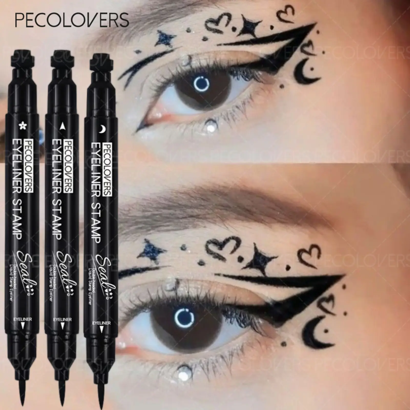 3PCS/Set Big Seal Stamp Liquid Eyeliner Pen Waterproof Fast Dry Black Eye Liner Pencil with Eyeliner Cosmetic Double-ended Eyeliner Graphic Eyeliner Eye Makeup Products
