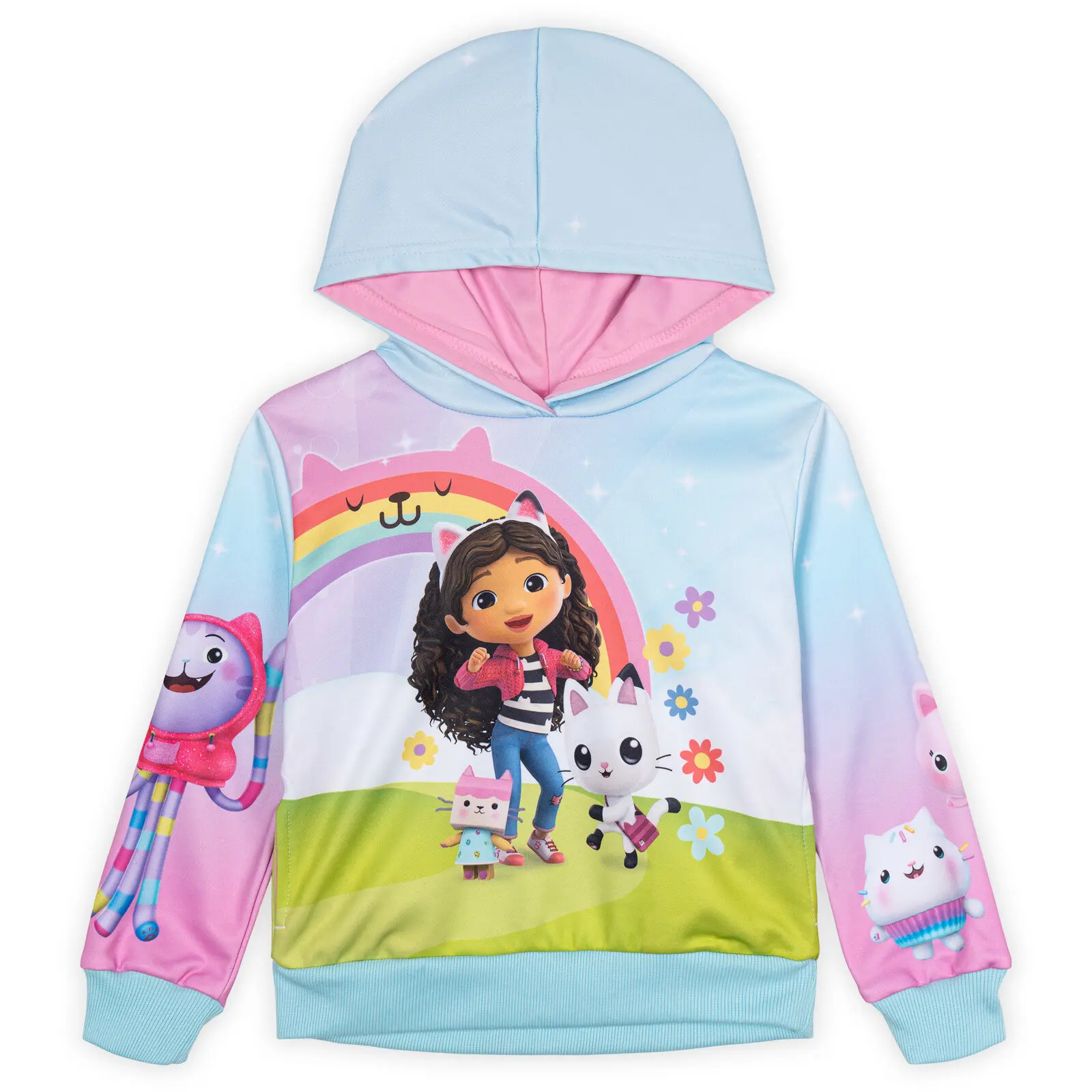 Dreamworks Gabby's Dollhouse Toddler Girls' Gabby Long Sleeve Pullover Hoodie with 360-Degree Sublimated Print and Side Pockets, 4T, All Over Print, 3T, Cozy Lounging, Dollhouse Kitties, Back To School Haul, Cartoon Style, Athletic Fleece, Chilly Wear, Gr