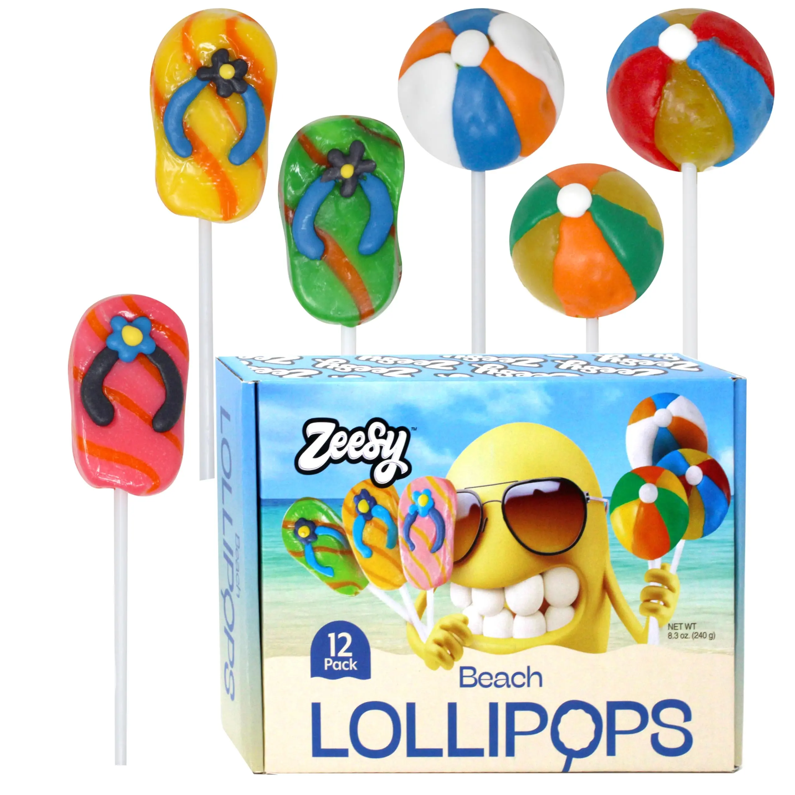 Zeesy Bite-Sized Beach Ball & Flip Flop Lollipops - 12-Count Individually Wrapped Pack, Assorted Packaged Snack Foods for Pool Parties, Summer Luau Events