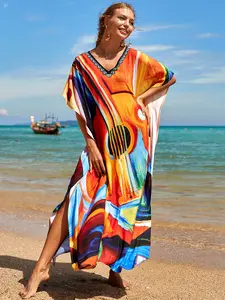 Printed robe seaside vacation loose large size beach dress long dress bikini swimsuit cover up