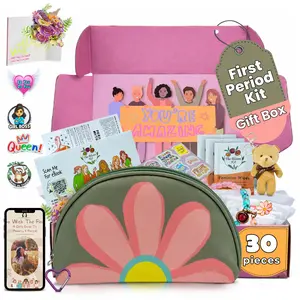 The Bloom First Period Kit for Girls 9-10-12-14 for School | Menstrual Starter Kit Gifts for Teens, Includes Sanitary Napkin Storage Bag, Pads, Wipes, Ebook & Period Tracker, Green (30-PC) | Period Kit for Back to School