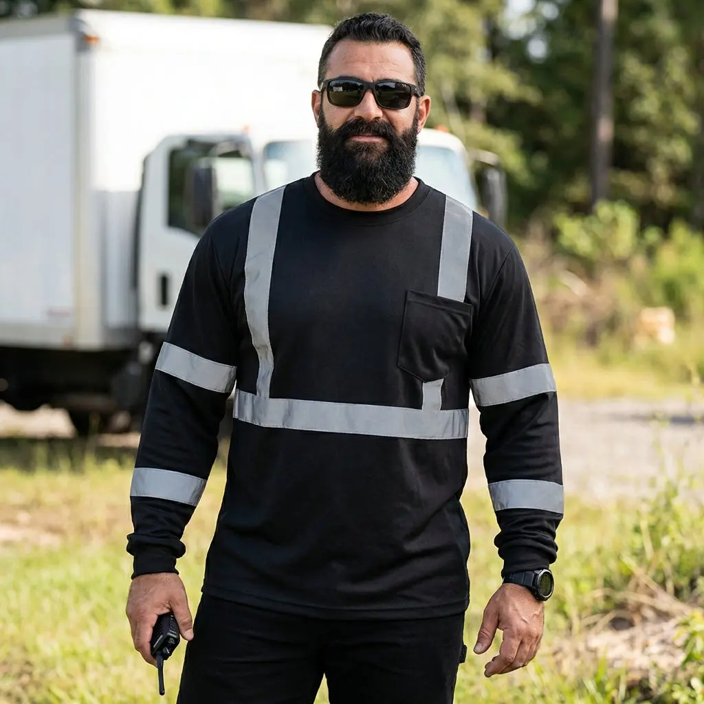 Long Sleeve Reflective Work Shirt with Front Pocket – Everyday Job Site Tee