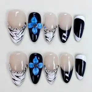 N80 Autumn and Winter Styles Almond Shaped Pressed Nails Zebra Diamond Decoration Three Dimensional Carvings Detachable Reusable False Nails