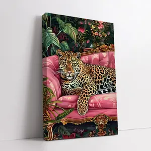 Leopard    Poster, Jungle Tropical  Decor, Luxury Aesthetic Pink Couch Artwork, Wooden Framed or Unframed  Print for Living Room Bedroom Office Dorm Apartment, Vintage Maximalist Home  Decor, Statement   Wall Art canvas animal