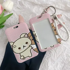 Cute Couple Bears Pattern Durable Plastic ID Badge Holder with Personalized Lanyard Slide Design for Cards Transparent Window Compatible with Credit, Metro, Bus Cards-Nurse, Doctor, Student Accessory Badge Decoration