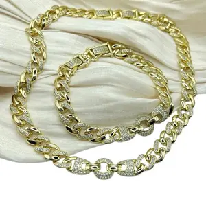 Dennis Chain Set - 14k Gold Plated Iced Out Cuban Link Necklace & Adjustable Bracelet Set for Men and Women