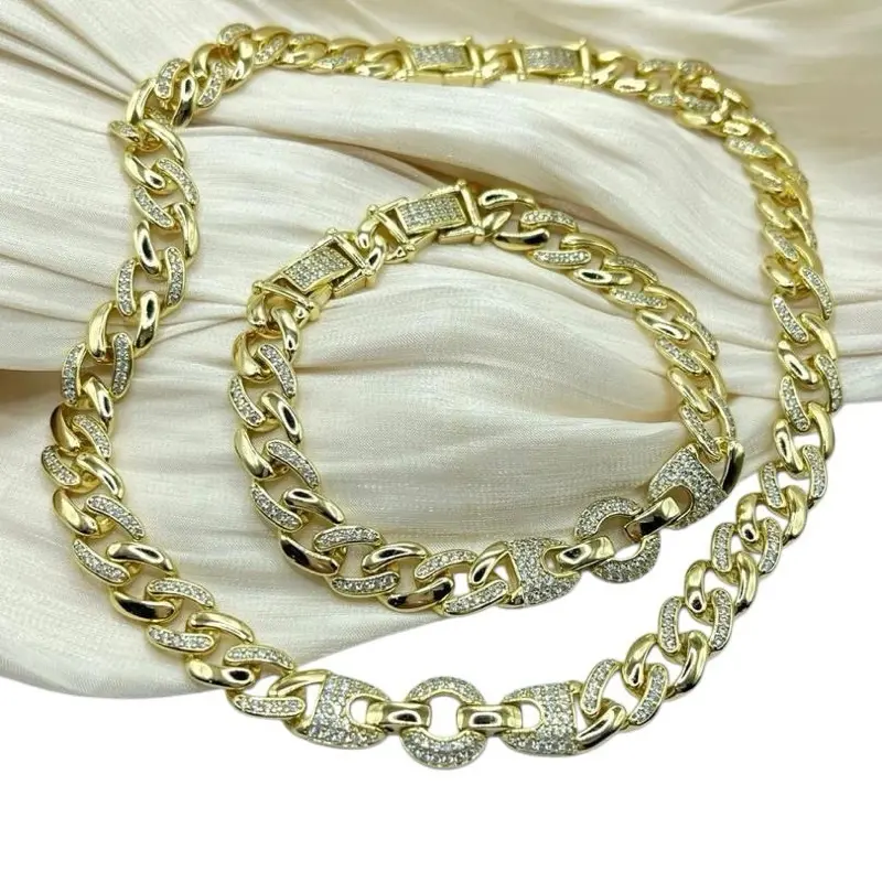 Dennis Chain Set - 14k Gold Plated Iced Out Cuban Link Necklace & Adjustable Bracelet Set for Men and Women