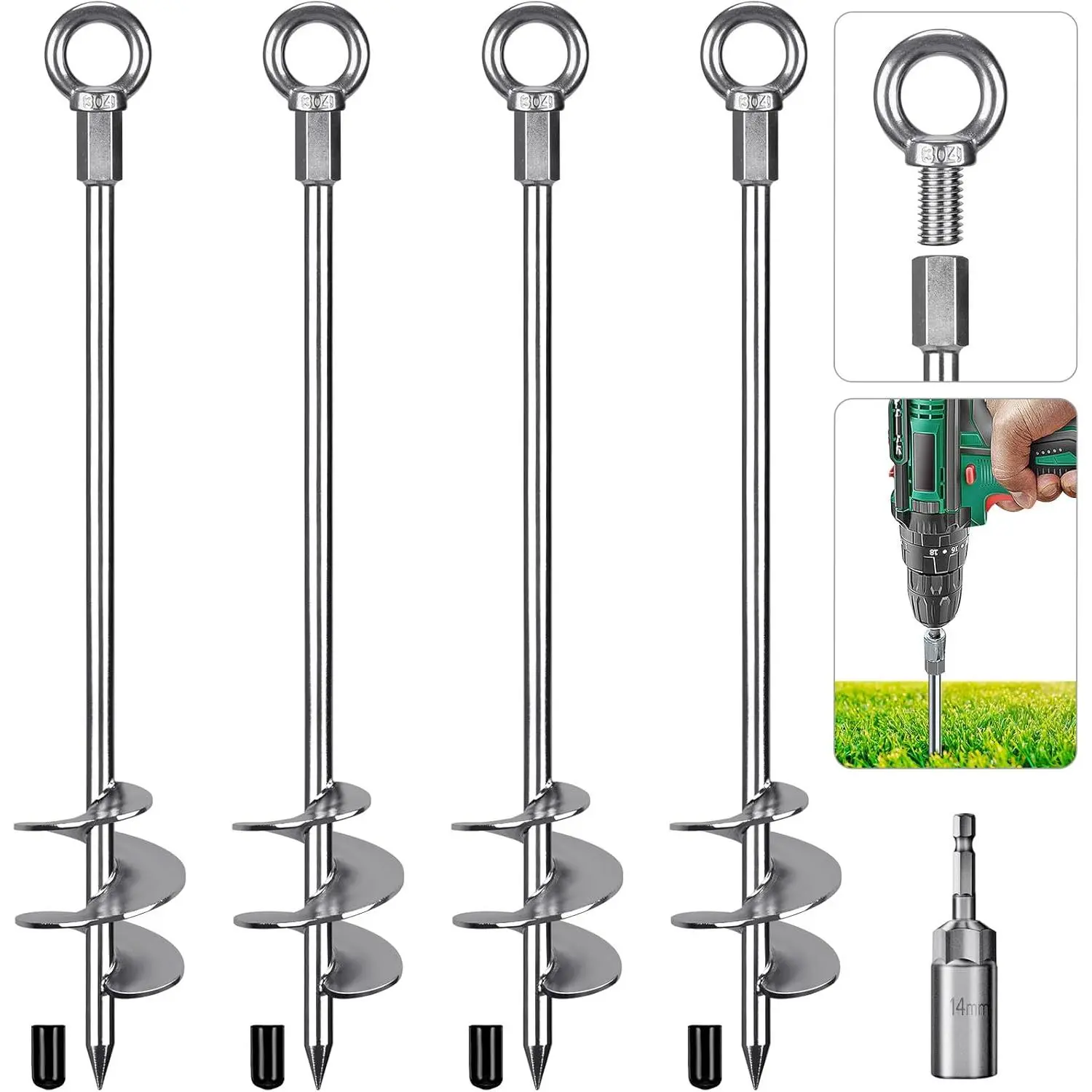 30'' Ground Anchors Screw in Heavy Duty 12mm Solid Steel, 3" Spiral  with Smooth Edges, Fully Welded Design for Mobile , Shed, Trampoline, Swing Set, Carport, Earth, Tent, 4Pack