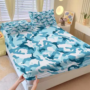 Cool Blue Camo Print Fitted Sheet Set, 1 Bed Sheet & 2 Coreless Pillowcases, Tough Military Elements and Fresh Color Schemes, Anti-Slip Wrinkle Resistant Deep Pocket, Nordic Bedroom Decor, Gift Idea