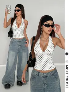 Women's Y2K Urban Street Style Halter Top, Polka Dot Backless Sleeveless Tank Crop Tops, Party & Casual Wear, Fall Fashion, Womenswear Streetwear, Halter Polka Dots