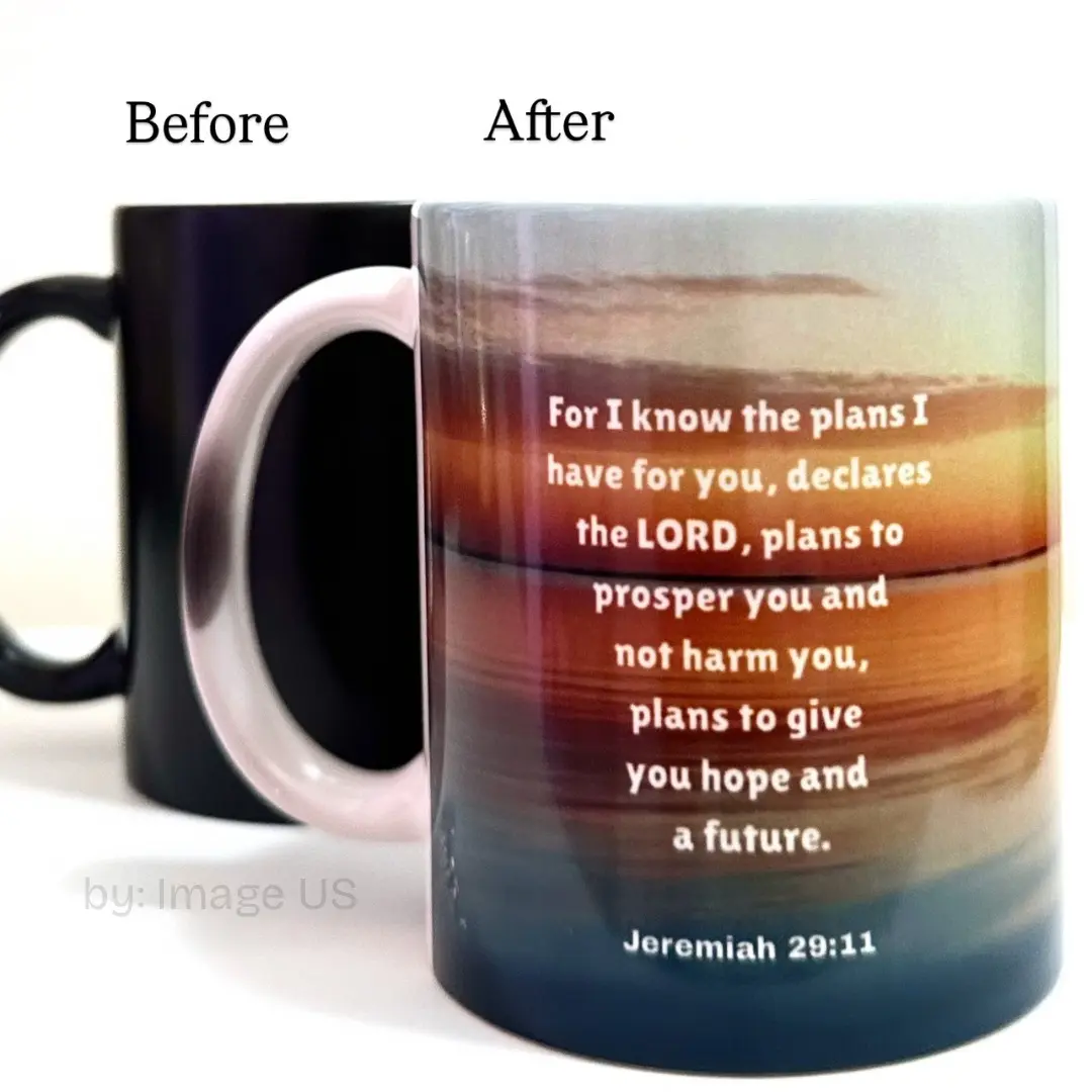 Heat Color Changing Mug 11 oz Ceramic with Handle Jeremiah 29:11 Inspirational Quote Black to Multi-Colored Design
