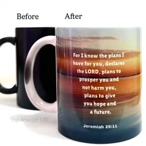 Heat Color Changing Mug 11 oz Ceramic with Handle Jeremiah 29:11 Inspirational Quote Black to Multi-Colored Design