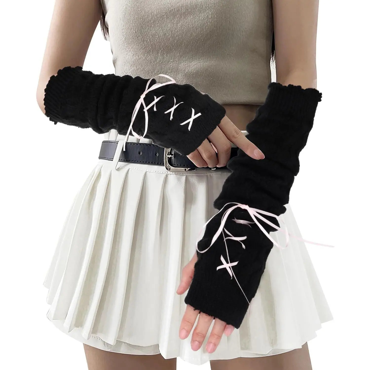 Arm Warmers Cute Y2k Harajuku Japanese Style Long Fingerless Gloves for Women Girls, Cold Weather Fsahion Lotila Arm Sleeve Thumb Hole Gloves (15.7Inc