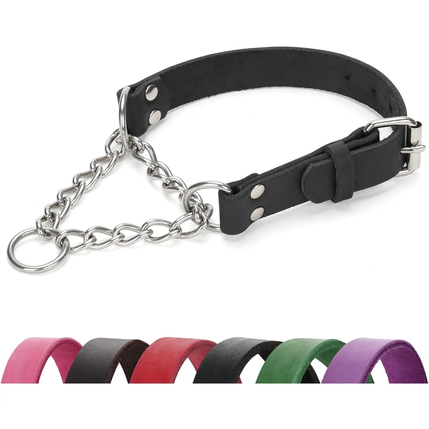 Martingale Collar for Dogs No-Pull Adjustable Training Collar with Stainless Steel Chain - Genuine Leather Anti-Slip Design for Small,Medium,Large Breed Dogs - Black (M)