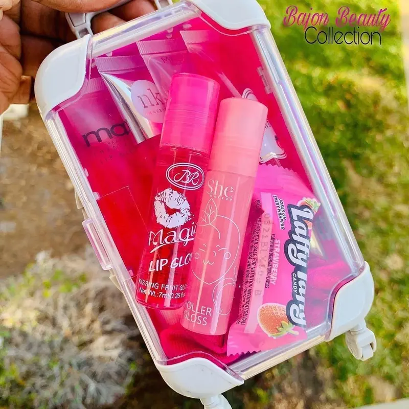 Airheads Mini Suitcase Lip Gloss Bundle with 6 Mix Gloss/Lip Balm and Scrunchie - Perfect Stocking Stuffer or Christmas Gift for Lip Care and Makeup Lovers