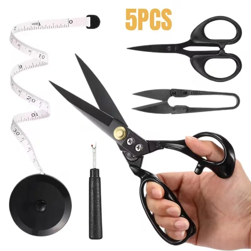 5pcs Heavy Duty Professional Tailor Scissors Set with Tape Measure, Thread Snips & Seam Rippers - Right-Handed 9-Inch Sewing Shears Suitable for Quilting, Dressmaking, Quilters, Birthday Gifts