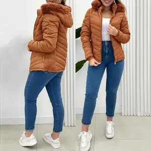 Women's Zip Up Pocket Design Shirred Waist Jacket Fuzzy Trim Fleece Lined Hooded Puffer Coat Windproof Jackets Can be used with raincoatGift