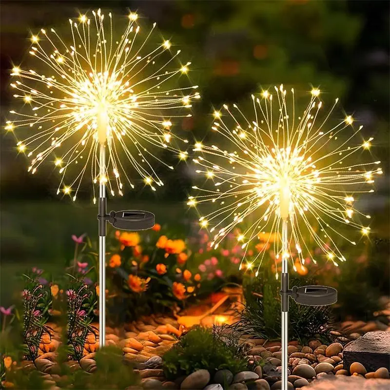 Solar Firework Lights 2 Sets 120 LED Solar Leds Outdoor Garden Lights, Solar Powered Lighting 8 Modes Waterproof Dandelion String Lights for Patio Decoration Warm