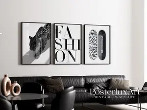 Luxury Black & White Leopard Fashion Wall Art, Stockholm Modern Aesthetic Chic Apartment Decor