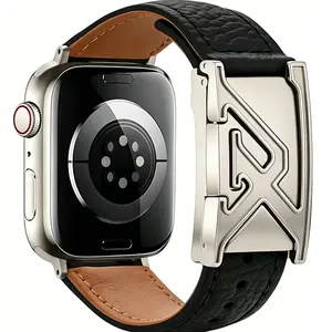 Silver Color Engraved Letter-Shaped Clasps for Leather Watch Straps, Suitable for Apple Watches, Litchi-Pattern Texture