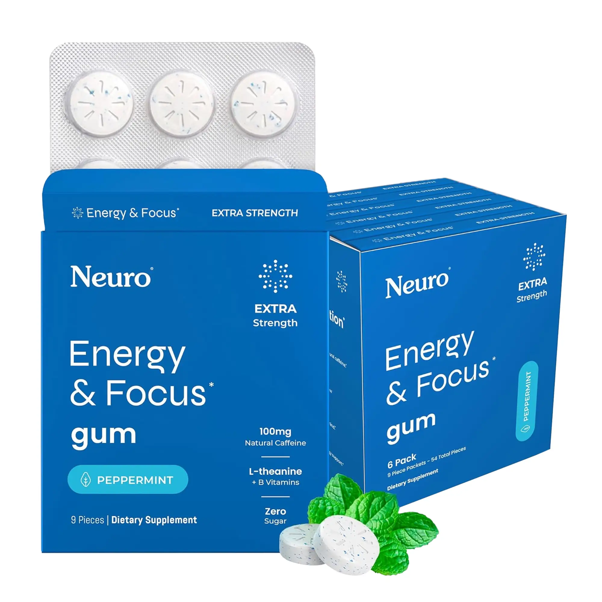 Neuro Extra Strength Energy Caffeine Gum/Mints for Energy & Focus - Sugar-Free with L-theanine, Caffeine, Vitamin B12 & Vitamin B6 - Peppermint Flavor