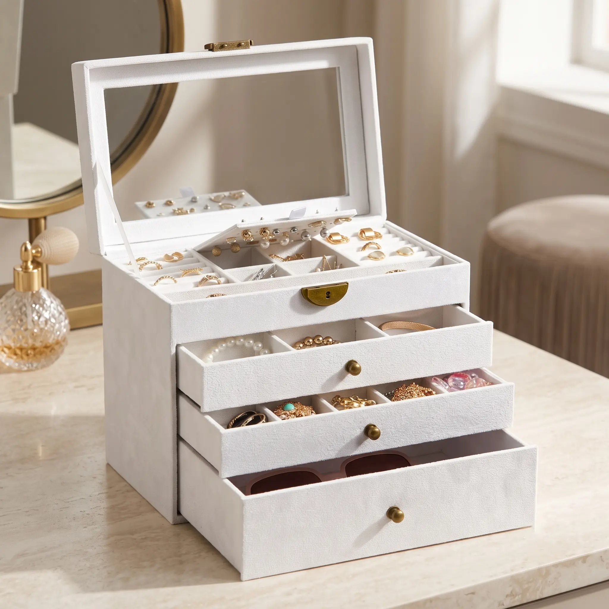 Somdy 4-Layer Velvet Home Jewelry Organizer with Glass Window, Multi-Compartment Design, Drawers, Earring Board, Key Lock & Clear Lid - Dust-Free Bedroom/Office Vanity Storage Box, Anniversary Gift Accessory Holder