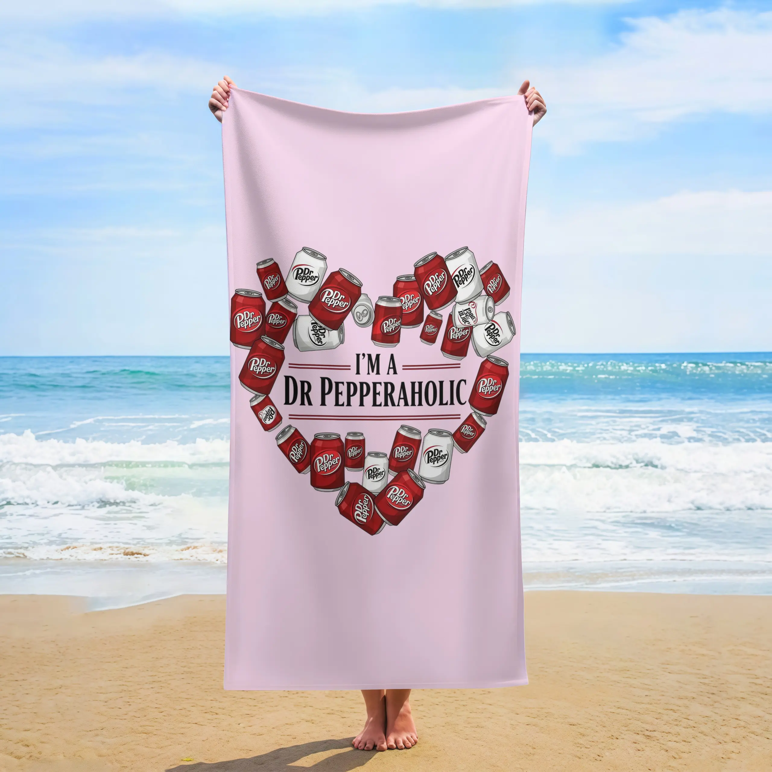 Dr Pepperaholic Heart Soda Cans Funny Bath Towel, Light Pink Quick-Dry Beach Towel, Dr Pepper Fan Summer Gift