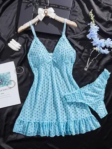 Women's Sexy Cute Slim Sleepwear Loungewear Set, Polka Dot Mesh Spaghetti Strap Halter Nightgown & Matching Underwear, Comfortable, Soft, Chic and Stylish Pajamas for Women