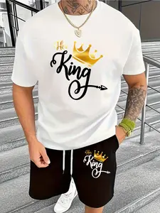 KING Letter & Crown Graphic Print - 2-Piece Men's Outfit - Short-Sleeve T-Shirt & Shorts, Lightweight & Comfortable Casual Sportswear Set, Perfect for Spring/Summer Wear or as a Gift for Friends