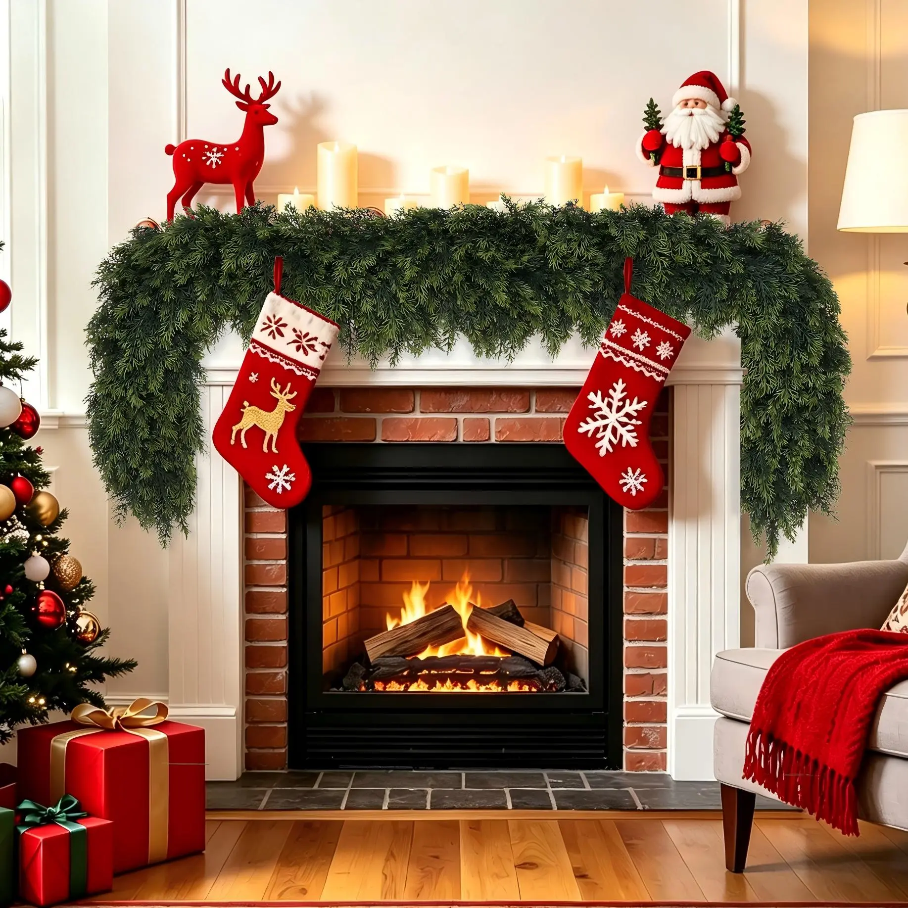 2Pack 6FT Artificial Cedar Garland, New Style Greenery Garland,Realistic 3-Prong Cedar Pine Garland for Fireplace Mantle Staircase Door Table Wall Indoor Outdoor Holiday Decorations(New Product)