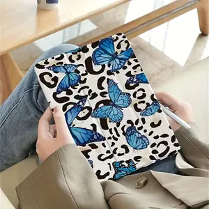 Leopard print blue butterfly pattern, with adjustable stand and pen slot, foldable non-slip TPU protective case, suitable for Samsung, iPad mini, iPad Air, iPad Pro/iPad 10th generation, 11th generation and other series of iPad cases.