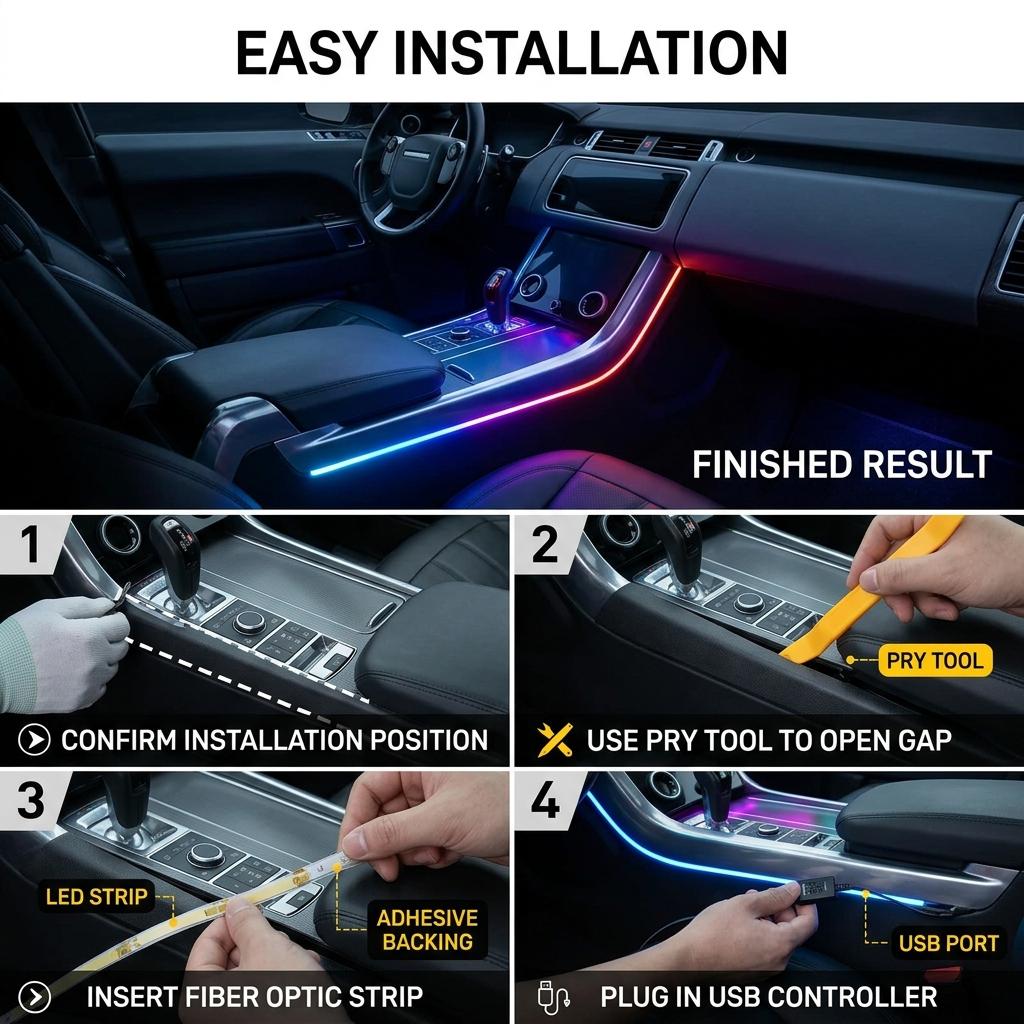 LED Car Lights Interior with USB Port, LED Strip Fiber Optic Ambient Lighting Car, Wireless App Control, Sync to Music, Car Decorations Interior Accessories Gifts for Women Men, 2 in 1 diy mode rgb