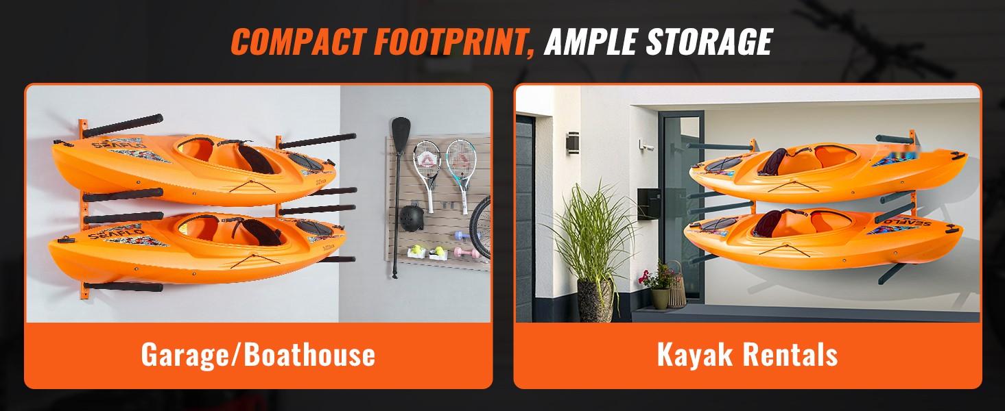 Wall Mounted Kayak Storage Rack 4-Holder System With Padded Adjustable Arms For Kayaks Canoes And Stand-Up Paddleboards, Heavy Duty Wall Hooks Supports Up To 400 Lbs Indoor Outdoor Garage Organization