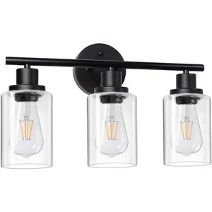 Modern Bathroom Light Fixtures, 3 Light Vanity Lights, Black Wall Lamp with Clear Glass for Bathroom, Mirror, Living Room, Bedroom, Hallway, E26 Base