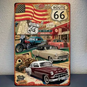 1pc Vintage Route 66 Metal Tin Sign, 20.32x30.48 Cm Retro American Road Trip Wall Art, Classic Car Decor For Garage, Multipurpose Iron Plaque, No Electricity Needed, Easy Mounting