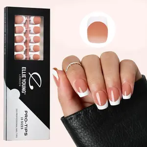 ELLIE YOUNG PRO-TIPS Short Square White French Tips with Brown Base, 150pc Press-On Nails Kit – 15 Sizes, Matte Gel Acrylic Look, Soft Gel DIY Extensions