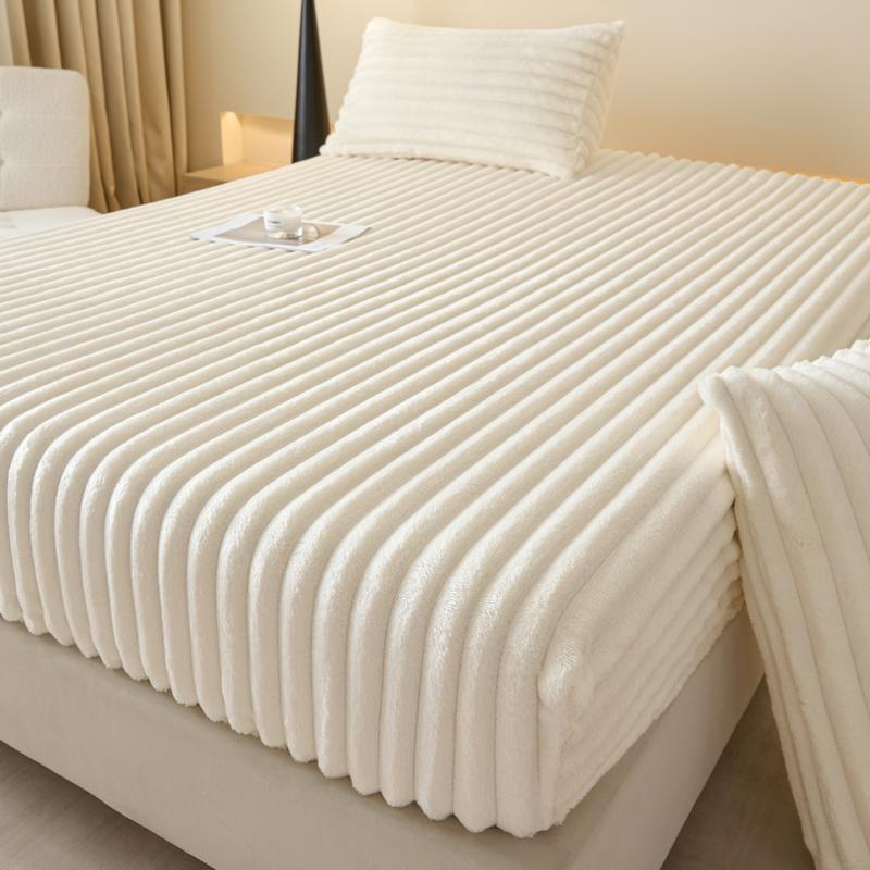 Luxury Faux Rabbit Fur Striped Fitted Sheet 3-Piece Set Soft, Warm Solid Color Bedding, Premium Set (Includes 1 Fitted Sheet + 1/2 Pillowcases), All-Season Use, Perfect for Bedroom, Dorm, Sofa Décor & Christmas Gift