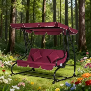 3-Seat Red Swing Bench Swing Glider with Adjustable Canopy, Removable Cushion and Pillows, for Porch, Garden, Poolside, Backyard