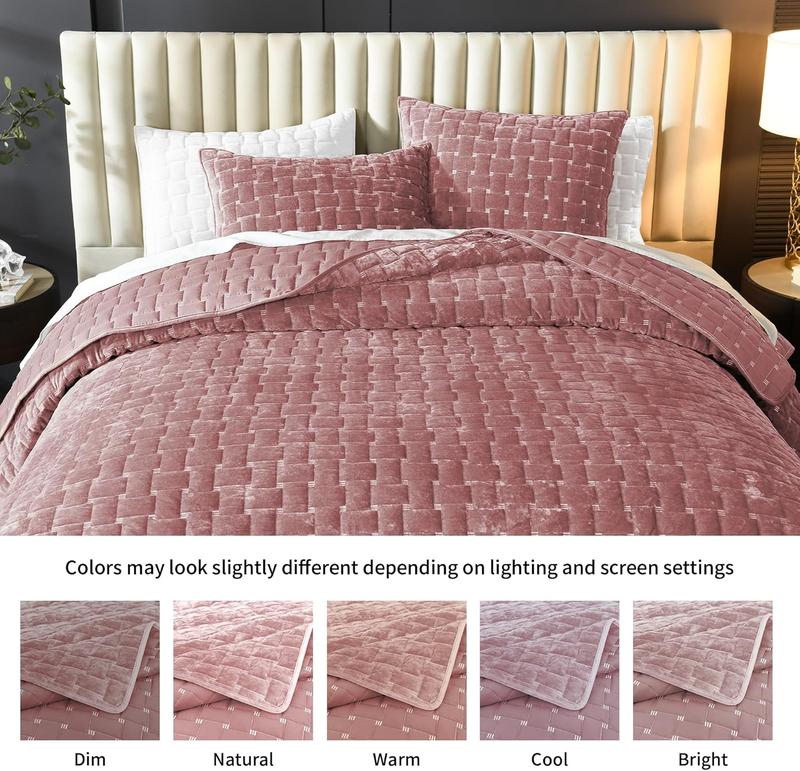 FANSACE Velvet Full/Queen King/California king Size Quilt Set - Luxury Cozy Aqua Green Quilt, Lightweight Soft Velvet Comforter, Geometric Coverlet Bedspreads with 2 Shams for All Seasons