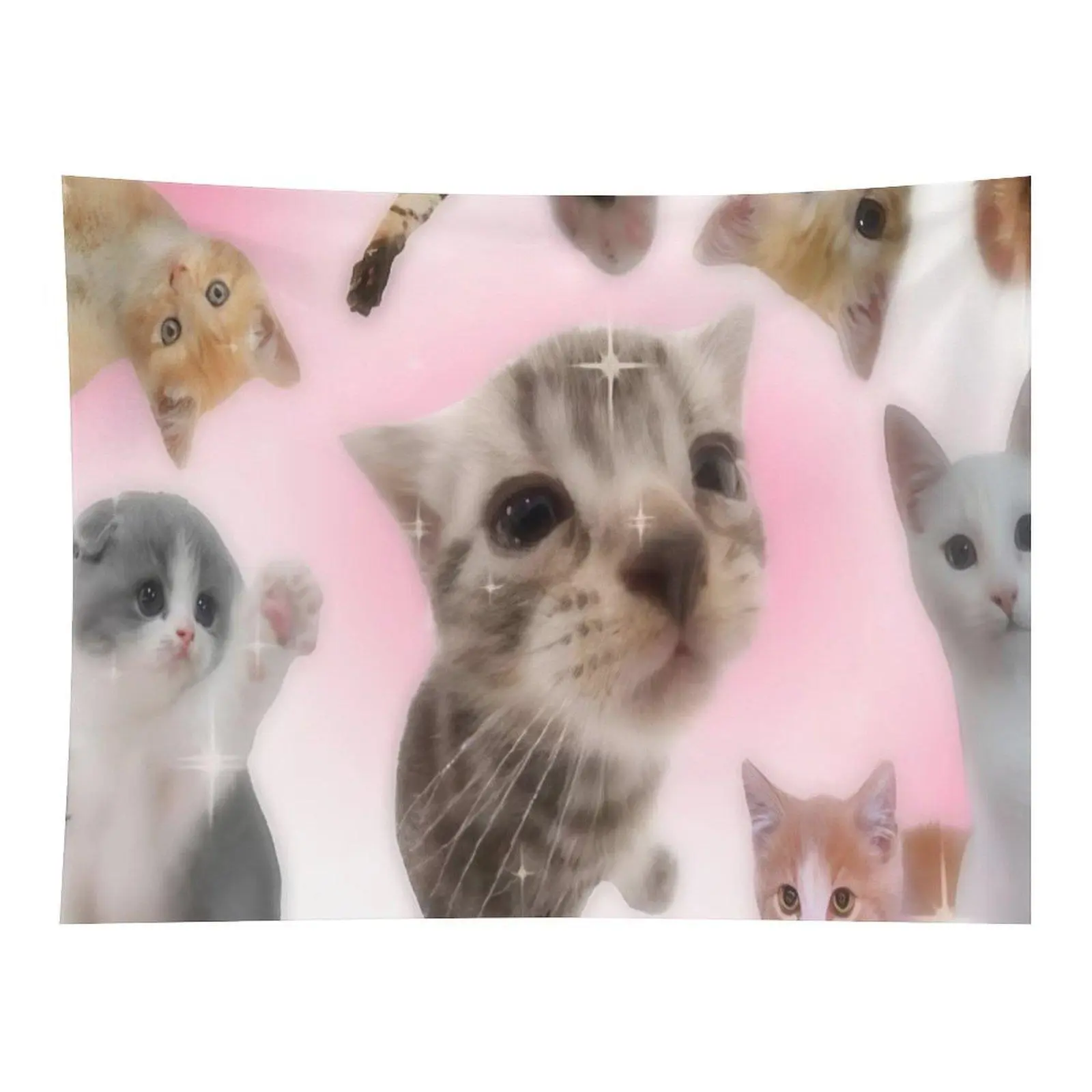 Cute Kitten Collage Pink Background Tapestry, Lovely Baby Cat Sparkle Aesthetic Wall Tapestry for Room Decor