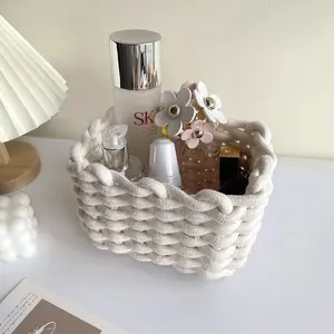 Multipurpose Woven Storage Basket Thick Rope Design for Desk Organization Bathroom Essentials Picnic Prep Home Shelf Storage Cotton White