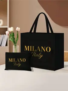 Linen Tote Bag, Including A Bold Sparkling Gold "MILANO ITALY" Lettering Printing Tote Bag And A Printed Small Bag, Letters, Flowers, Personalized Gift Package, Combination Of Small And Large Bags, Suitable For Weddings, Birthdays, Beaches, Holidays