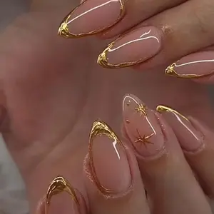 Press on Nails Almond Fake Nails with Gold Line Design Glue on Nails Acrylic Nails Glossy Full Cover Stick on Nails for Women 10PCS