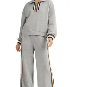 Gray Striped Patchwork Quarter Zip Loose Pant Set with Side Stripes and Comfortable Fit
