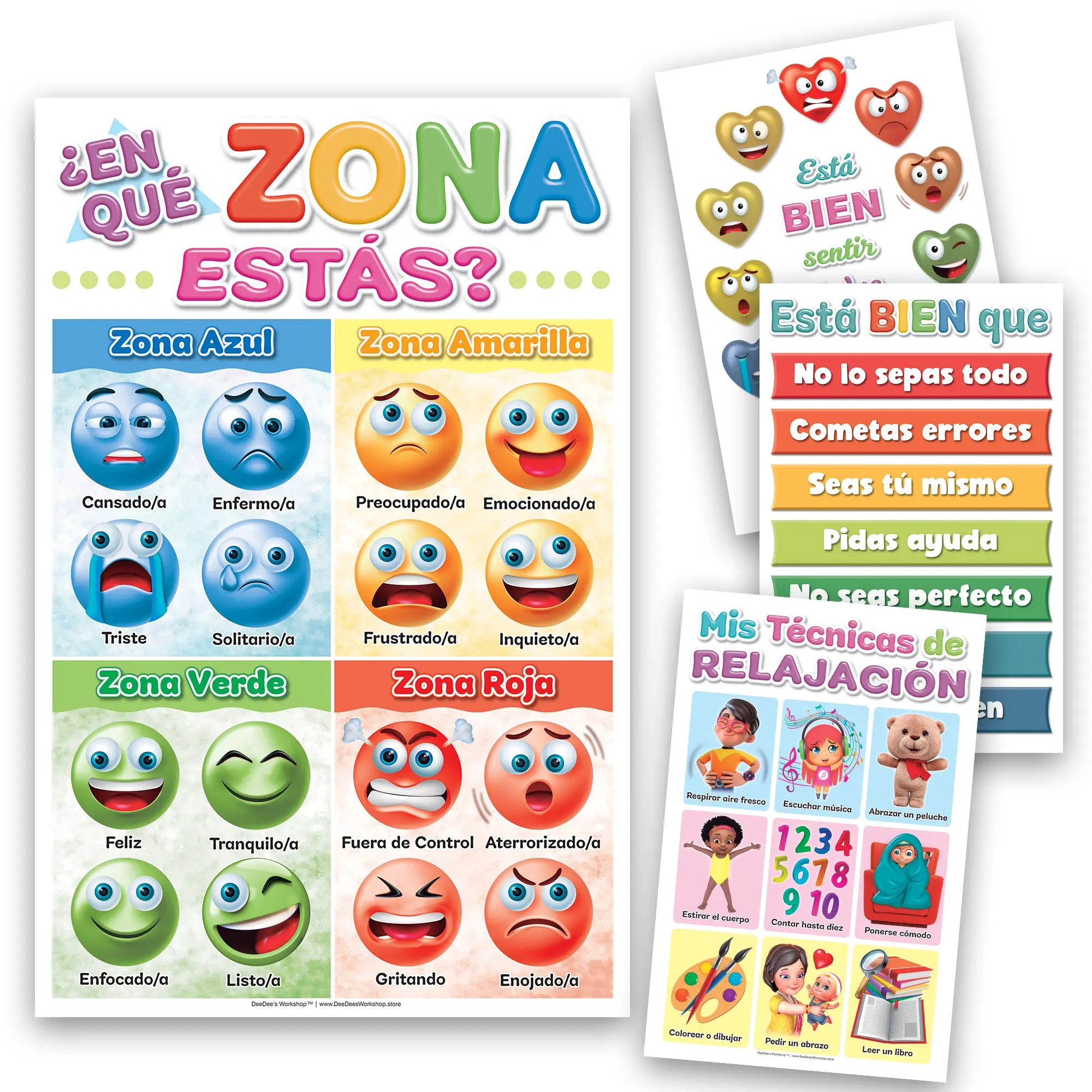 DeeDee's Workshop 4 Spanish Zones of Regulation Posters, Colorful Double-Sided Laminated 11x17 in Easy-to-Hang Wall Decor for Classroom Use, Fun Way to Help Kids Learn Feelings