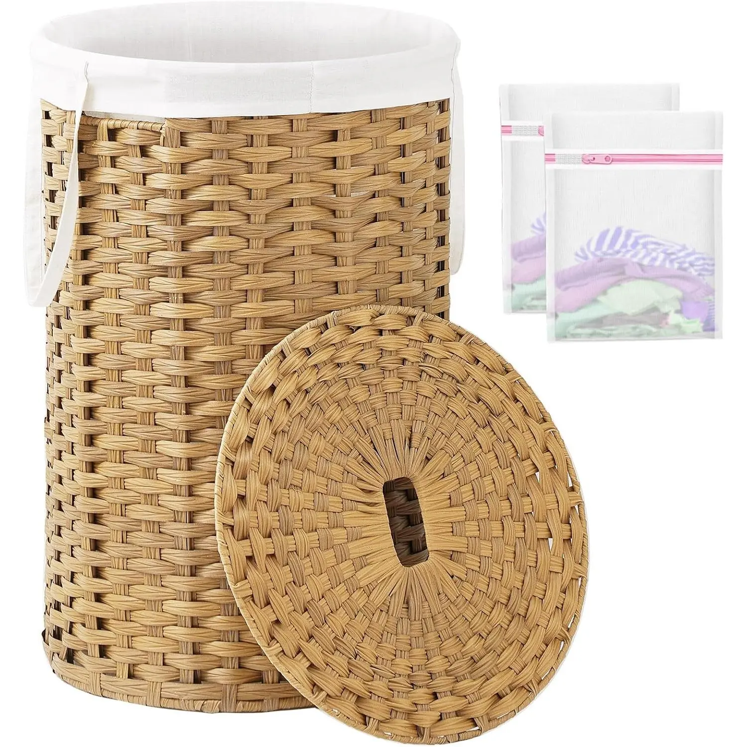 Large Laundry Hamper Laundry Basket Round 34.3 Gal (130 L) Handwoven Wicker Laundry Baskets Rattan Laundry Basket with Laundry Bag Handles 2 Mesh Bags for Living Room Bedroom